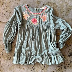 Solitaire Green Embroidered Babydoll Style Boho Top in a Size Small
